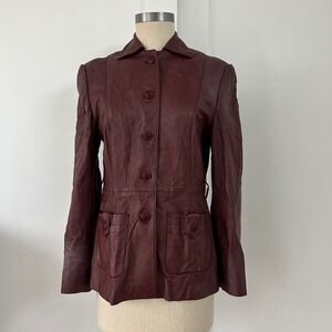 Kinaff Burgundy Leather Blazer Jacket XS Front Button Pockets Tailored